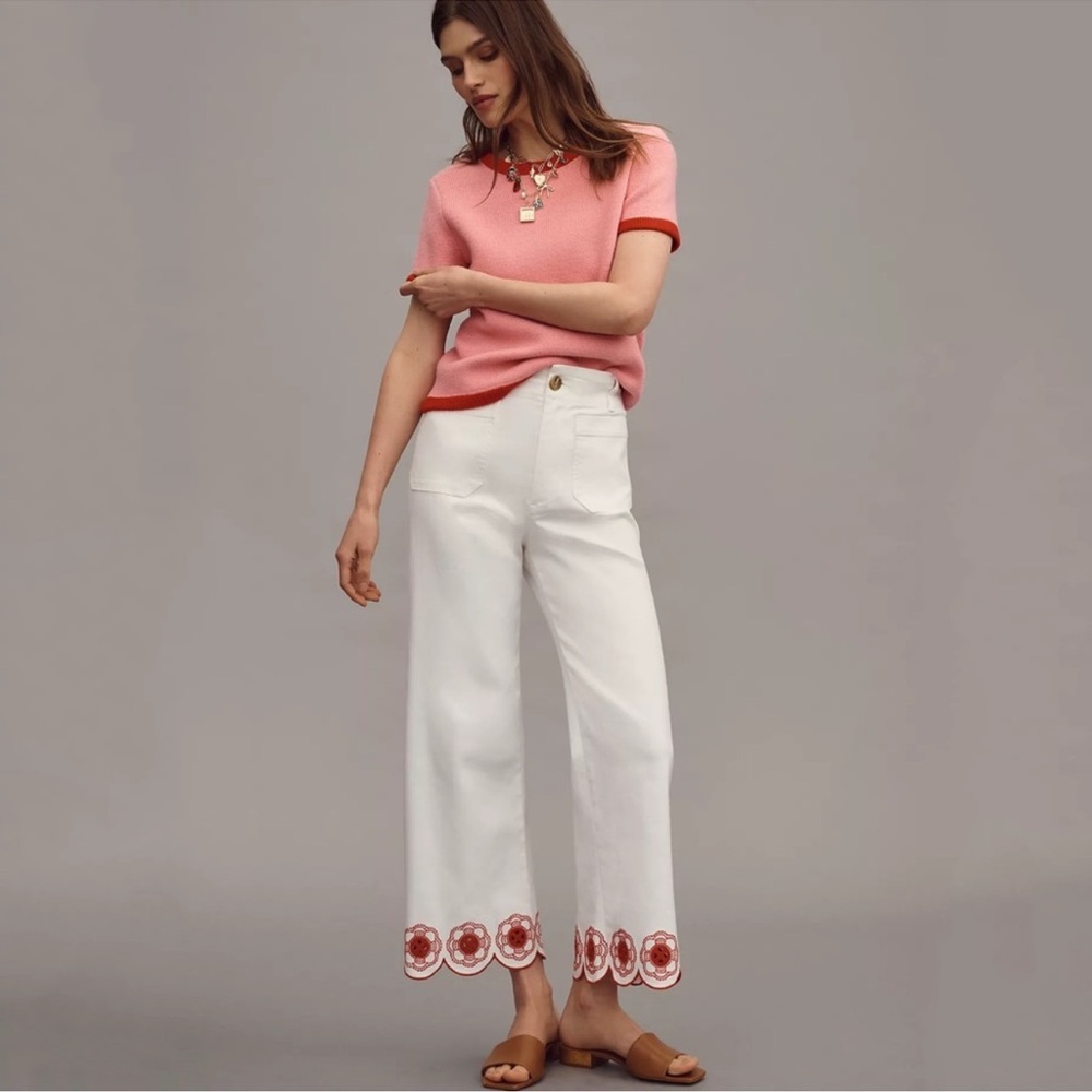 NWT Anthropologie Maeve Colette Scallop Hem Crop Wide Leg Jeans Embroidered 28 - Picture 4 of 5